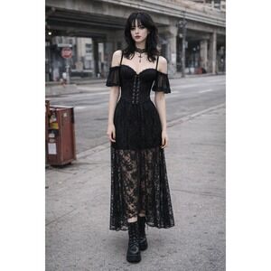 H&M Black Lace Midi Skirt Womens Small Sheer Overlay Floral Goth Y2K Festival